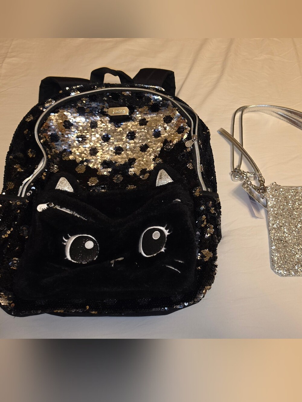 Justice Black & Silver Sequin Cat Backpack with Silver Glitter Crossbody